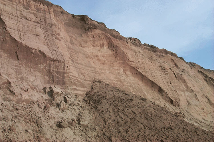 full screen photo of eroding sand cliffs with a dozen holes halfway up bank